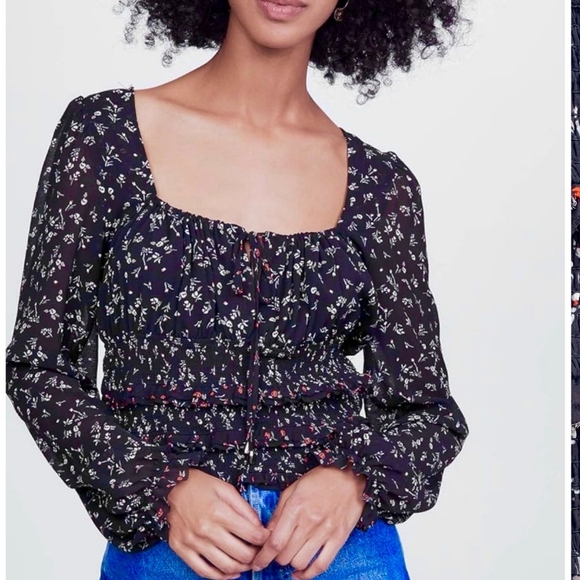 Free People Tops - Free People Lolita Top Tiered Smocked Ruffle Raw Hem Drawstring Tie Long Sleeve